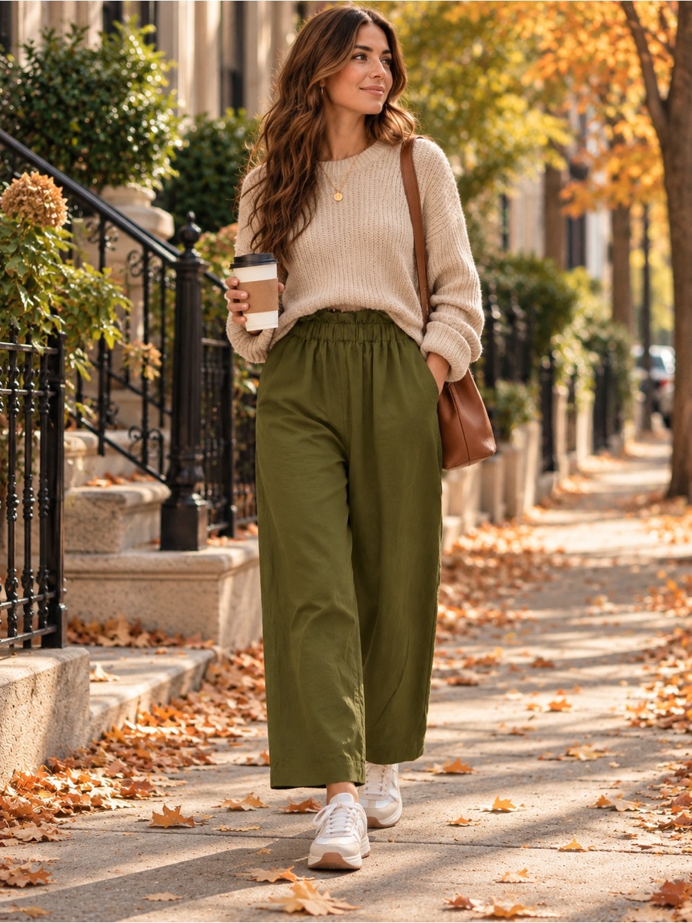 Elastic-Waist Wide Leg Pants in Olive Green
